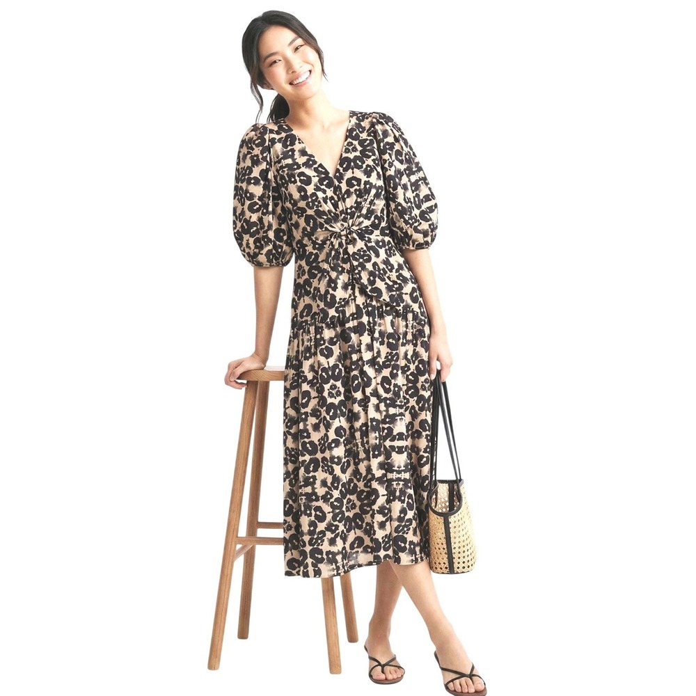 Rebecca Taylor Kaleidoscope Puff Sleeve Tie Front Midi Dress 12 Camel Combo EUC